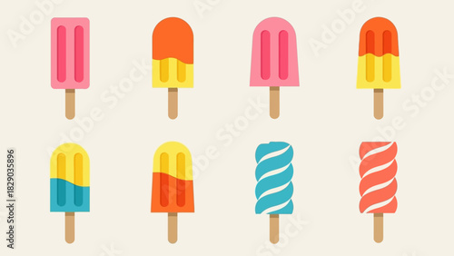 Colorful assortment of popsicles on a light background.