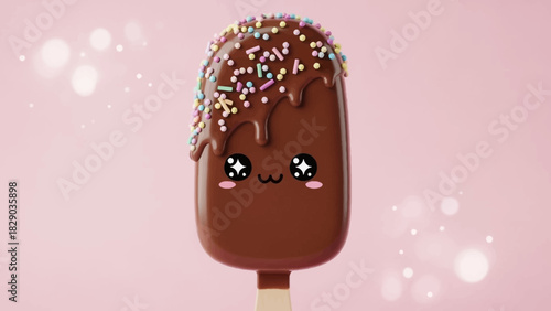 Cute chocolate popsicle with sprinkles and kawaii face on pink background.
