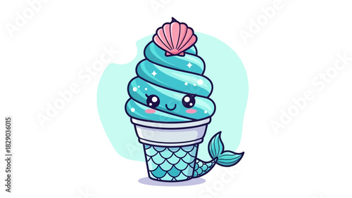 Cute mermaid ice cream cone with a seashell on top, cartoon illustration.