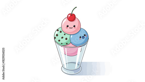 Cute ice cream sundae with three scoops and a cherry on top in a glass.