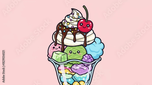Cute cartoon ice cream cone with pink ice cream and sprinkles on a blue background.