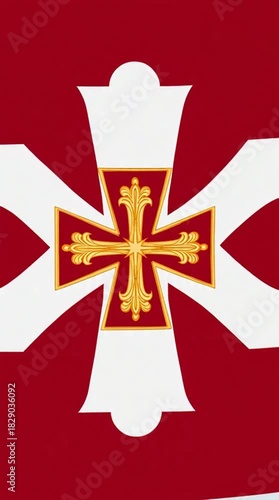 Abstract flag with an ornate cross design on a burgundy background