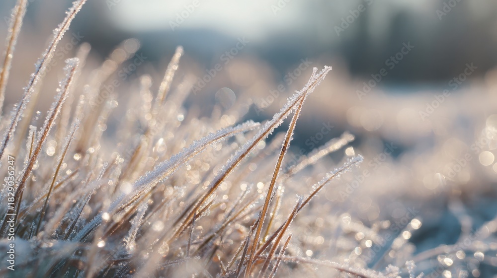 Fototapeta premium Morning light illuminates grass blades covered in frost, creating a sparkling scene in a tranquil winter setting. Dewdrops add to the beauty of this peaceful environment.