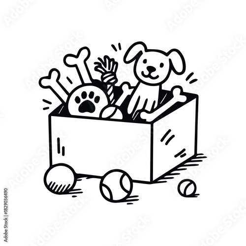 Black-and-white illustration of toy-filled box with bones, balls, and rope in playful pet care scene, vector