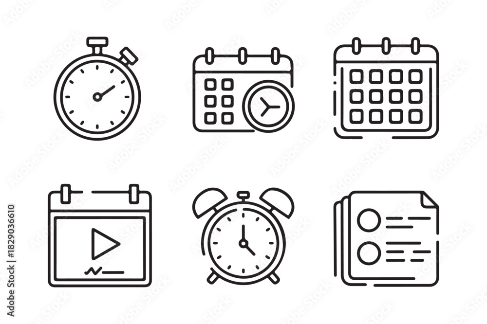 Obraz premium Collection of hand drawn icons representing time management and planning