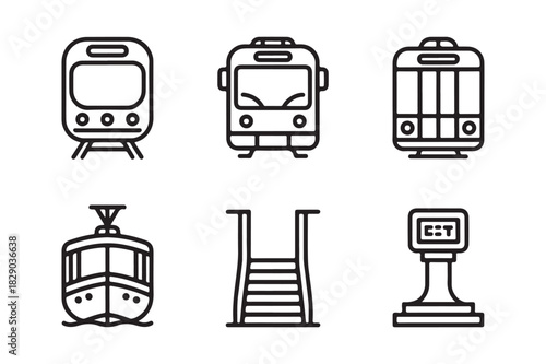 Collection of stylized public transportation and station icons
