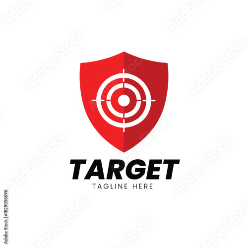 Red shield with a bullseye or target scope mark in the center, representing defense, goal, or security Vector logo template