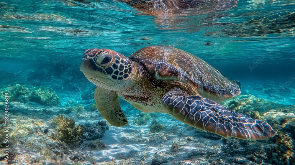 Obraz premium majestic sea turtle swimming underwater in vibrant clear ocean wildlife scene