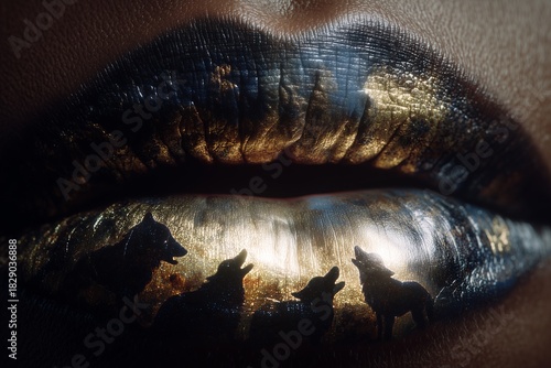 Lips painted with a dark, metallic sheen frame a glowing scene of wolves howling at the moon. The surreal, artistic image blends beauty with wild, mystical energy.