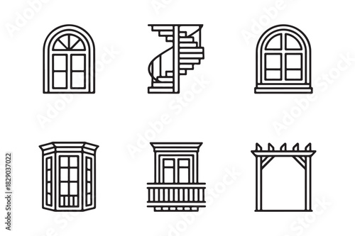 Architectural elements icons featuring windows staircase and archway