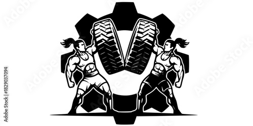 Industrial Gear Tire Flip Logo Vector Silhouette