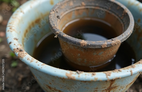 Discarded plastic plant pots with stagnant water form mosquito breeding grounds. Containers collect water creating habitat for insect larvae, disease. Proper waste disposal essential for public