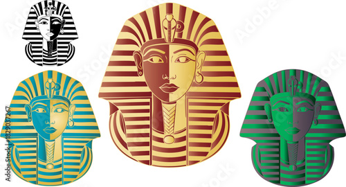 Colorful pharaoh masks in various styles showcasing ancient egyptian culture art