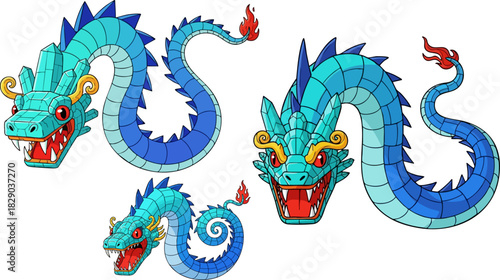 Three turquoise chinese dragons with golden accents on a black background design