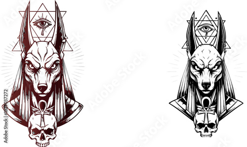 Anubis illustration with skull and pyramid in dark red and white color variations