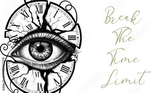 Surreal eye breaking through a cracked clock face symbolizing overcoming time limits