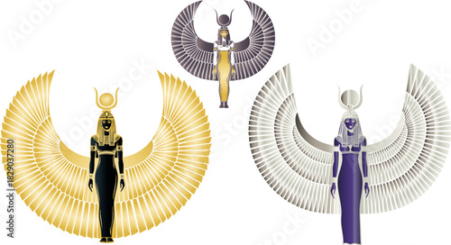 Egyptian goddess ma'at with wings in gold silver and purple on a black background