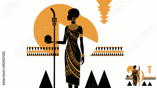 Elegant african woman in traditional dress standing against geometric background art
