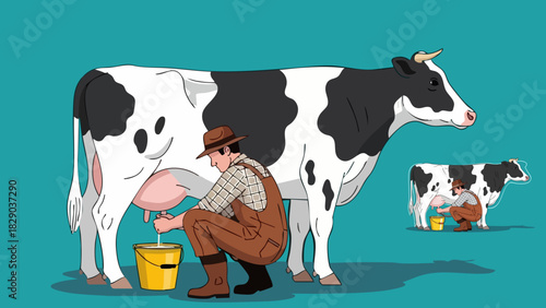 Farmer milking a cow in a rural setting with a bucket for fresh dairy production