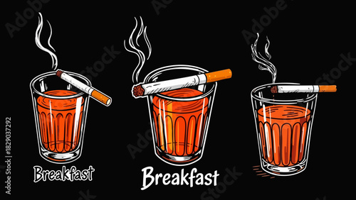 Three glasses of tea with cigarettes on top in a vintage hand drawn illustration