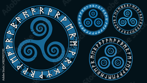 Triskelion symbol surrounded by runes in a circular design with variations