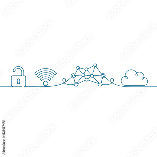 Conceptual access technology illustration in continuous blue line. Access and connection is visualized through unlocked padlock, wireless wifi, network nodes, and cloud.
