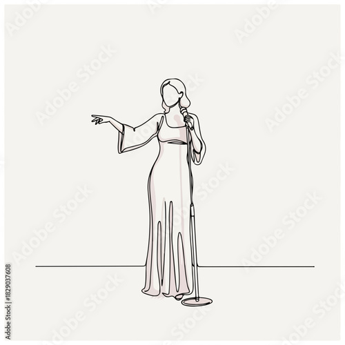 Actress singing one-line sketch, isolated on white background. Conceptual actress line drawing showing elegant woman, in flowing dress, holding microphone stand.