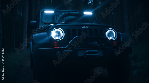 Black 4x4 vehicle parked in dark forest setting with headlights and auxiliary lights on