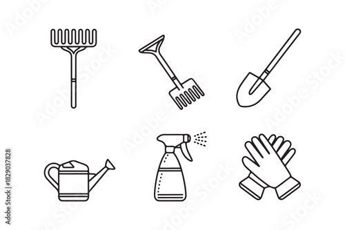 Collection of hand drawn gardening tools and supplies