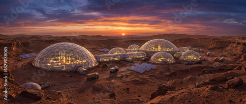 Martian colony domes glowing at sunset against a barren landscape  