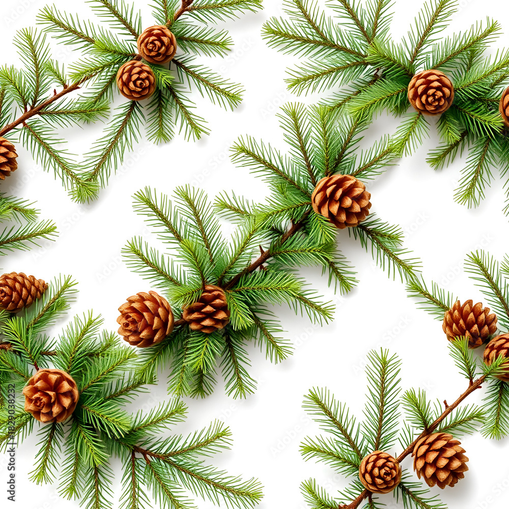 Fototapeta premium Garland with green fir branches and cones isolated on white