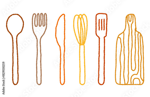 Hand-drawn charcoal cutlery and kitchen tools line art. Fork, spoon, knife, whisk, spatula, and cutting board set