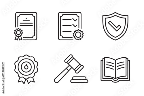 Legal and certification icons representing justice and achievement