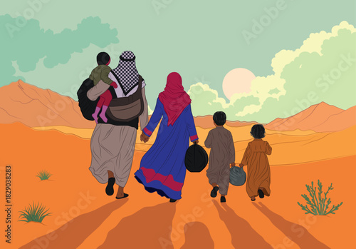 A refugee family with children walks through the desert in search of a new home. Fleeing war. In search of peace, freedom, and human rights. Humanitarian crisis. Vector