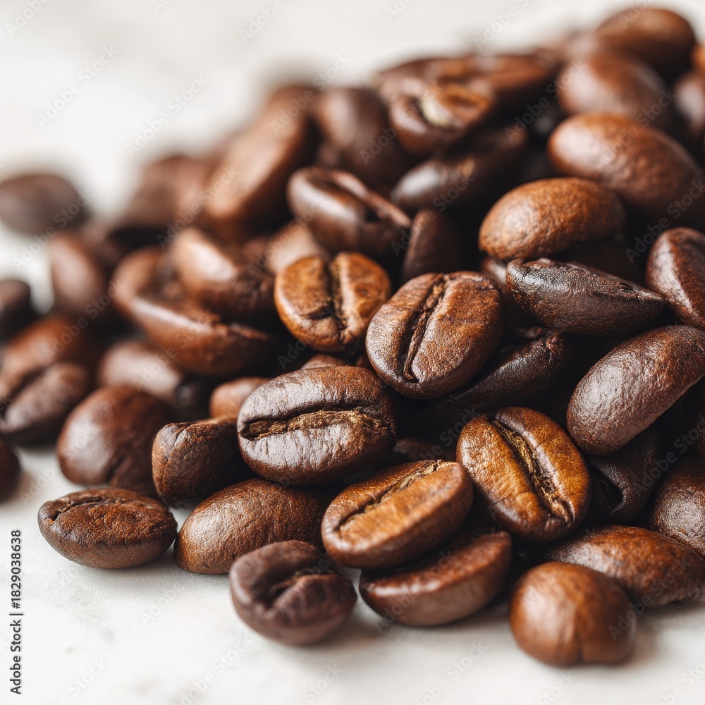 Naklejka premium Close up of roasted arabica coffee beans piled on a white surface for a rich coffee experience
