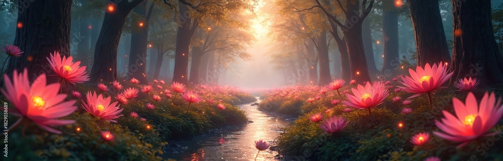 Naklejka premium Enchanted magical forest with calm stream flowing. Many bright glowing pink flowers bloom along banks. Golden sunbeams pierce through tall dark trees, casting warm light. Mystical woods scene offers