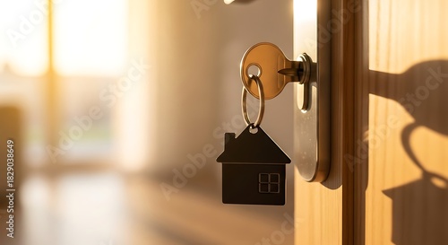 House key with a house shaped keychain hanging on an open door