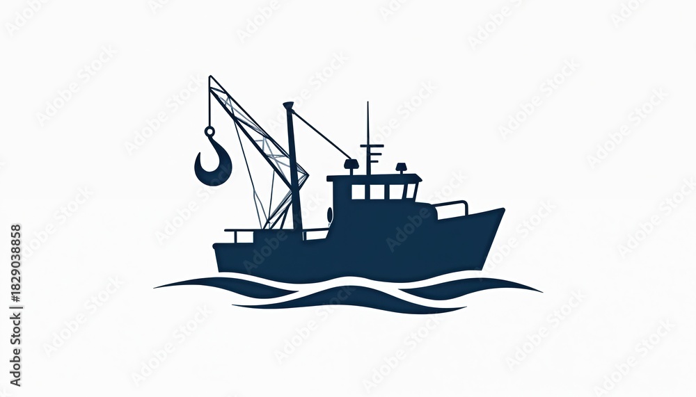 Obraz premium Silhouette art illustrates a navy fishing boat with crane on waves. Marine vessel sails in sea, commercial fishing in ocean for seafood business. Industry of fishery isolated on white.