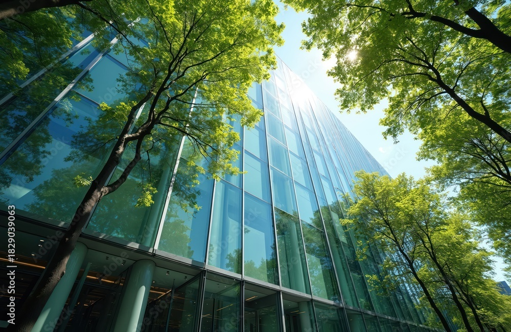 Fototapeta premium Modern eco glass office with green trees on sunny day. Sustainable architecture integrates nature into urban design. Corporate facade reflects foliage, promoting environmentally friendly business,