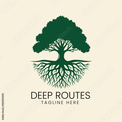 Large, rooted tree with a full, round canopy symbolizing nature, growth, and stability Vector logo template
