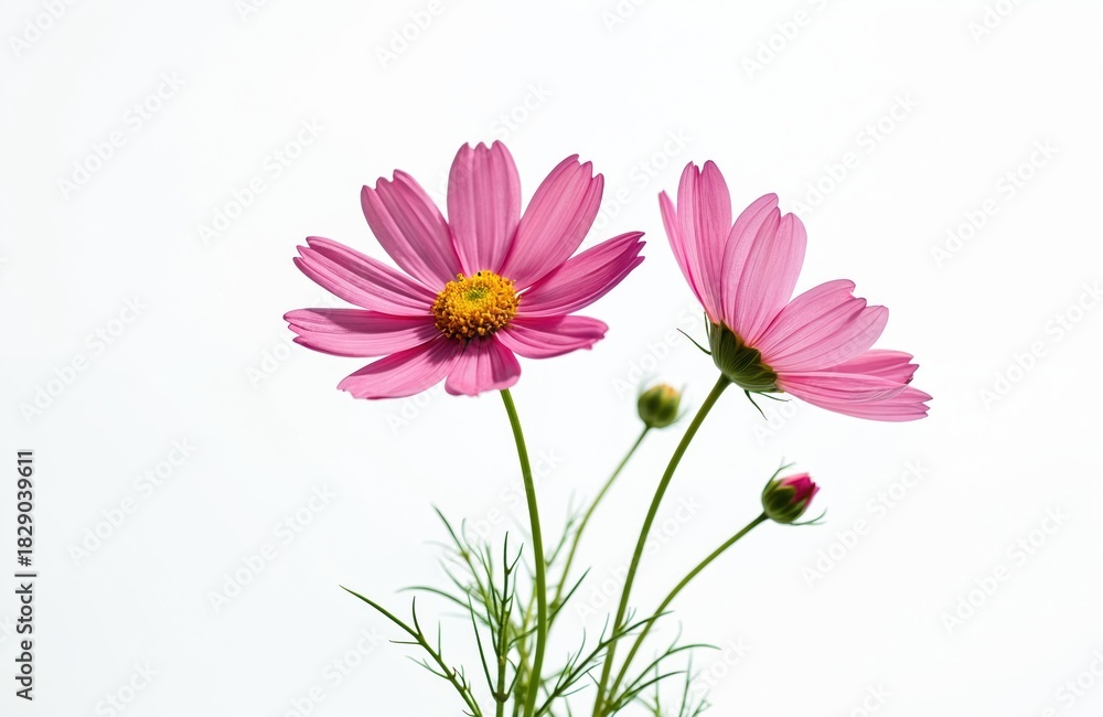 Fototapeta premium Two pink cosmos flowers with yellow centers bloom on delicate green stems against clean white background. Buds, feathery leaves visible. Natural light illuminates petals, creating soft glow. Simple