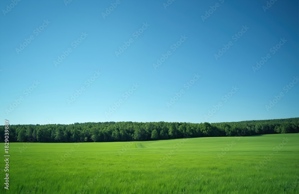 Fototapeta premium Vast green field under clear blue sky bordering a dense forest line. A subtle track curves through the meadow. Perfect for themes of nature, agriculture, and rural scenery.