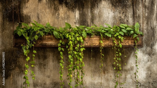 A wooden planter holds vibrant green plants that cascade downwards. The weathered wall behind adds a rustic charm to the serene indoor atmosphere.