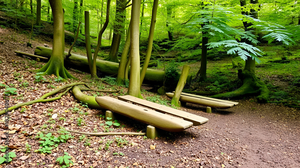 Fototapeta premium Duckboards near Scotton Bridge in Nidd Gorge Woods near Knaresborough, North Yorkshire, Yorkshire