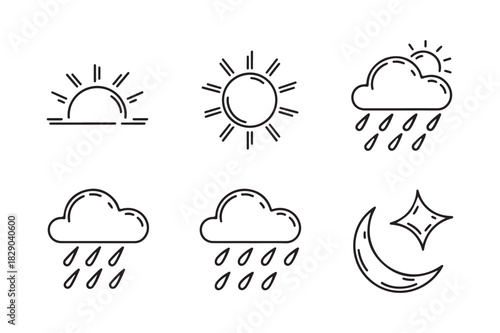 Hand drawn weather icons collection featuring sun clouds rain and moon