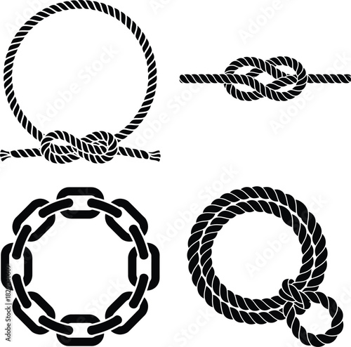 Collection of nautical rope knots and chain links set of decorative elements for marine design vector illustration
