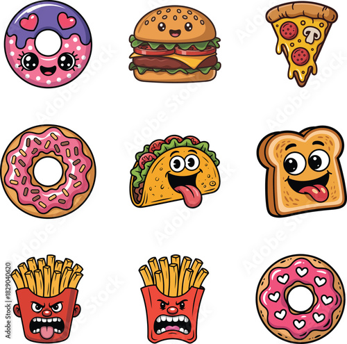 A delightful collection of cartoon fast food characters, including donuts, burgers, pizza, tacos, toast, and french fries