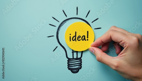 Hand adds yellow circle with idea word to drawn bulb. New creative idea solution concept. Inspiration lamp symbolizes eureka moment and smart mind. Business innovation and problem solving inspiration.