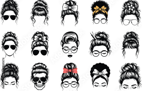 Messy bun svg collection mom life design with different hairstyle and glasses vector illustration for t shirt, print, sublimation