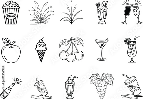 A delightful collection of handdrawn food and drink icons, , showcasing a variety of treats and beverages in a charming style